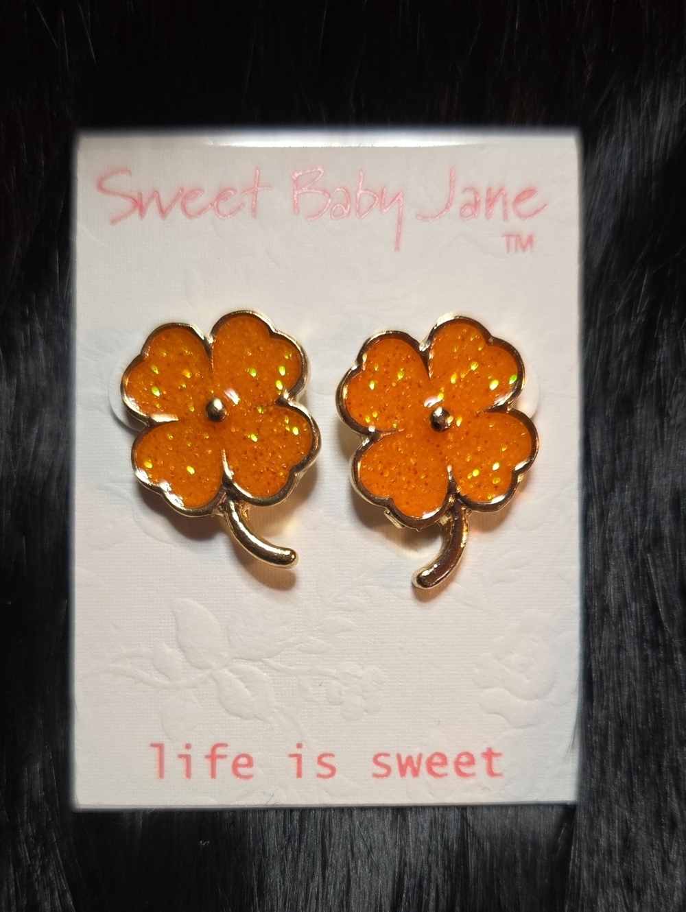 Sweet Baby Jane Gold-Trim Orange Glitter Flower Stud Earrings Nzwzt